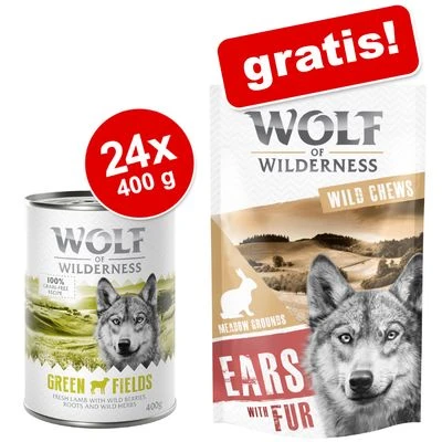 Wolf Of Wilderness 24 X 400 G + Kaninchenohren Mit Fell Gratis! 1 Wolf Of Wilderness 24 X 400 G + Kaninchenohren Mit Fell Gratis!