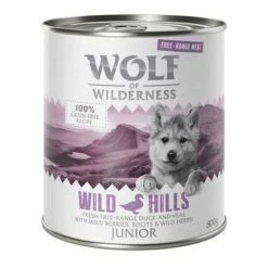 Sparpaket 12 X 800 G Wolf Of Wilderness JUNIOR - "Freiland-Fleisch" Duo-Protein -Angebote Hunde Moden Store wow freerange junior wildhills 800g 1000x1000 6